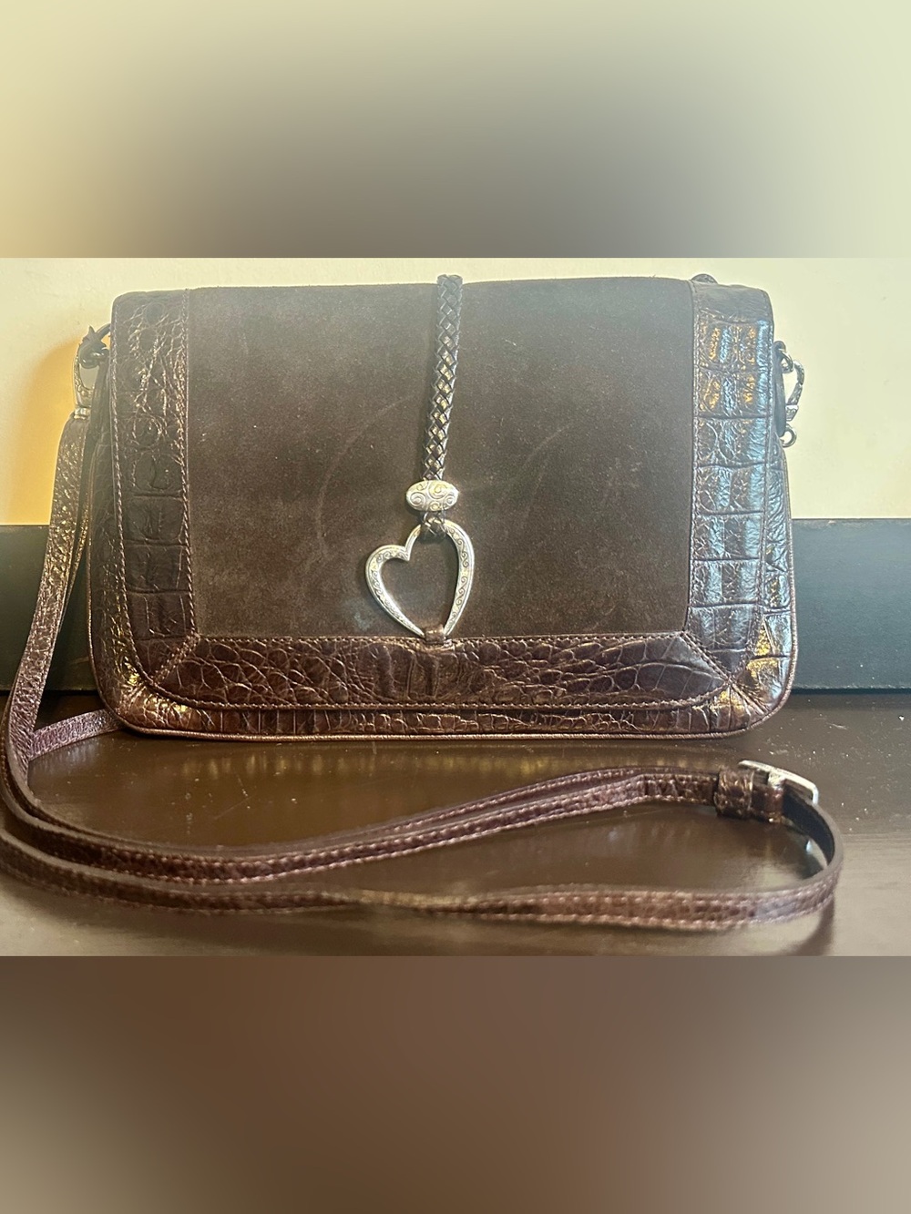 Brighton Dark Brown Suede & Croc-Texture Crossbody with Heart Pendant
